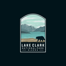 Lake Clark National Park Vector Template. Alaska Landmark Illustration In Patch Emblem Style.