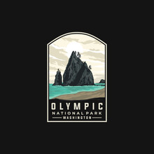 Olympic National Park Vector Template. Washington Landmark Illustration In Patch Emblem Style.