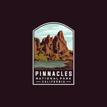 Pinnacles National Park Vector Template. California Landmark Illustration In Patch Emblem Style.