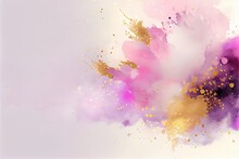  A Pink And Yellow Abstract Painting With Gold Splatters On It's Side And A White Background. Generative AI