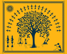 Warli Art Showing Real Enjoyment In Indian Village. Rural Area With Beautiful Nature In Warli Wall Painting. Illustration, Vector, Drawing.
