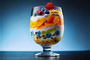 Poster -  a glass of fruit salad with a cherry on top of it and a blue background behind it with a blue back ground. Generative AI