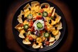  a plate of nachos with cheese. Generative AI