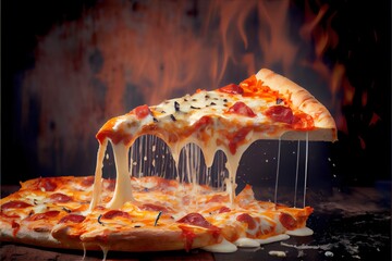 Sticker -  a pizza with a slice missing from it being lifted from a pizza pan by a spatula with melted cheese and pepperoni. Generative AI