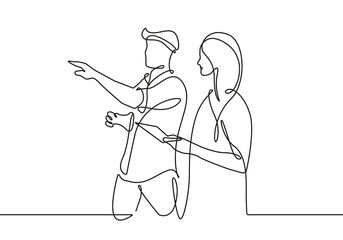 Wall Mural - Business Concept Continuous One Line Drawing with Woman and Man Talking. Business People One Line Illustration. Meeting in Office Line Abstract Minimalist Contour Drawing. Vector EPS 10