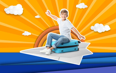 Poster - Cute little boy with suitcase on white background