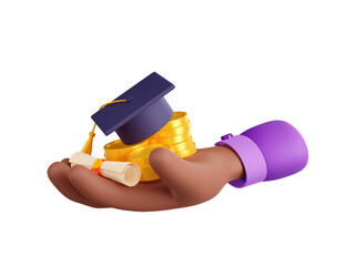 Wall Mural - 3d render hand with money, diploma and academic cap. Human palm with golden coins and mortarboard. Symbol of educational loan, graduation, investment in future, Illustration in cartoon plastic style