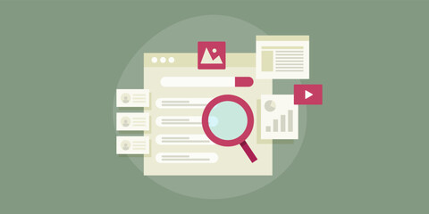 Search engine page with contextual link with magnifying glass, user query and website content SEO marketing concept, flat design web banner.