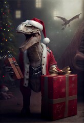 Wall Mural - Generative AI abstract render of a T-Rex as Santa Claus