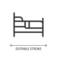 Sticker - Finding bed to sleep pixel perfect linear ui icon. Rest area and hotel. Homeless shelter. GUI, UX design. Outline isolated user interface element for app and web. Editable stroke. Arial font used