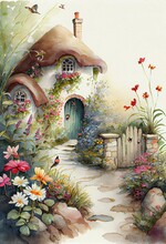 Beautiful Adorable Garden, Beautiful Fairytale Watercolor Art Illustration, Generative Ai