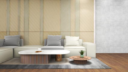 Poster - Modern living Resort with Simple living area - white-gray sofas with bare concrete walls and artificial wooden walls and wood floors - 3d Rendering