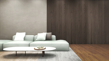 Poster - Modern living Resort with Simple living area - White leather sofa and wooden wall - 3d Rendering