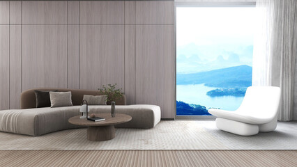 Poster - Resort living Simple lakeside in modern living area on a summer vacation overlooking. Background view of rivers and mountains with beautiful sky -3d Rendering
