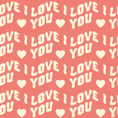Poster - Romantic seamless pattern with wavy horizontal  text I Love You on a red background. Retro vintage print in style 70s, 80s. Vector illustration