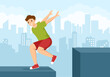 © denayune - Parkour Sports with Young Men Jumping Over Walls and Barriers in City Streets and Buildings in Flat Cartoon Hand Drawn Template Illustration