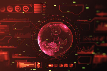 Poster - Global stats data concept with screen texture of digital interface and world map in the center of composition on dark technological background, hud template. 3D rendering