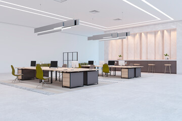 Poster - Bright luxury wooden and concrete coworking office interior with carpets, futniture and equipment. 3D Rendering.