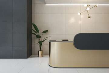 Wall Mural - Front view on stylish golden reception desk with blank dark place for your logo or text in modern entrance area with green plant near dark and light wall background. 3D rendering, mockup