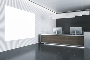 Poster - Modern wooden and concrete office reception interior with empty white mock up poster on wall, desk and computer monitors. Hotel lobby and waiting area concept. 3D Rendering.