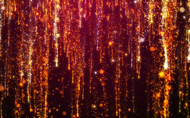 Wall Mural - red christmas background with gold particle lights and snowflakes falling.