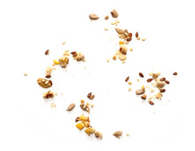 Abstract Scattered Cereals, Seeds, Muesli, Grains On White Background, Top View
