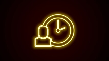 Sticker - Glowing neon line Work time icon isolated on black background. Office worker. Working hours. Business briefcase. 4K Video motion graphic animation