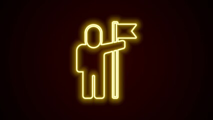 Wall Mural - Glowing neon line Man holding flag icon isolated on black background. Victory, winning and conquer adversity concept. 4K Video motion graphic animation