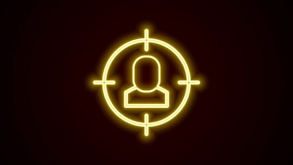 Sticker - Glowing neon line Head hunting icon isolated on black background. Business target or Employment sign. Human resource and recruitment for business. 4K Video motion graphic animation