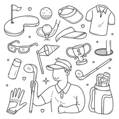 Wall Mural - Doodle set of golf sports tools and equipments hand drawn vector illustration