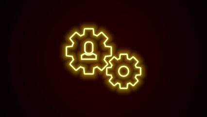 Sticker - Glowing neon line Human with gear icon isolated on black background. Artificial intelligence. Thinking brain sign. Symbol work of brain. 4K Video motion graphic animation