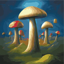 Surreal Rowing Landscape Vector Illustration. Enchanted Forest With Mushrooms Magic. Meadow With Colorful Mushrooms Fantasy Style. Beautiful Magic Mushrooms Lost Forest And Fireflies Background Fog 