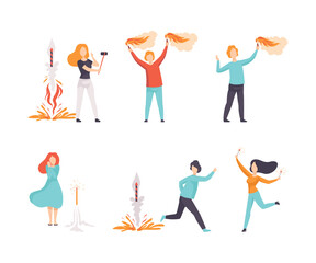 Poster - People Characters Launching and Watching Explosion of Fireworks and Firecracker Vector Set