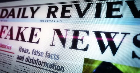 Fake news, conspiracy theory, hoax and disinformation daily newspaper reading on mobile tablet computer screen. Touch screen with headlines news abstract concept 3d.