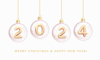 Wall Mural - Happy New Year 2024. Hanging on Golden Chains Transparent Glass Christmas Balls with Gold Number 2024. For holiday placard, poster, banner, cover. Realistic 3d vector illustration