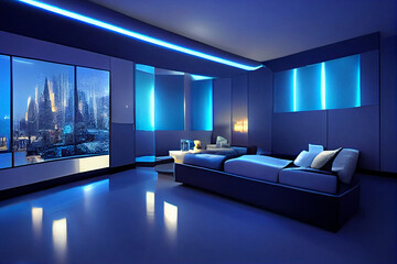 interior design in blue tones, science fiction architecture, modern living room, futuristic design apartment,fictional interior made with generative ai