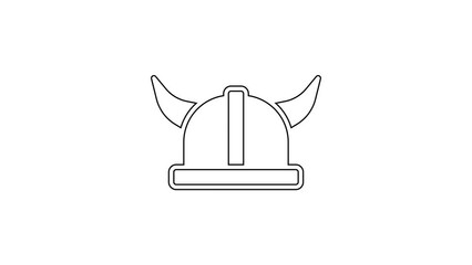 Poster - Black line Viking in horned helmet icon isolated on white background. 4K Video motion graphic animation