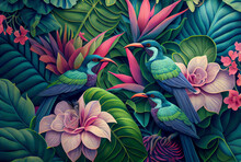 Abstract Composition Of Various Surreal Tropical Plants, Flowers And Birds.	