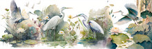 Watercolor Wallpaper Digital Drawing Of A Water Heron With Lotus Plants In The Lake For A Natural View And Quiet Colors - 1