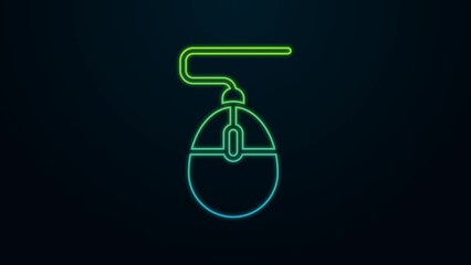 Poster - Glowing neon line Computer mouse gaming icon isolated on black background. Optical with wheel symbol. 4K Video motion graphic animation