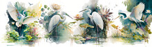 Watercolor Wallpaper Digital Drawing Of A Water Heron With Lotus Plants In The Lake For A Natural View And Quiet Colors - 2