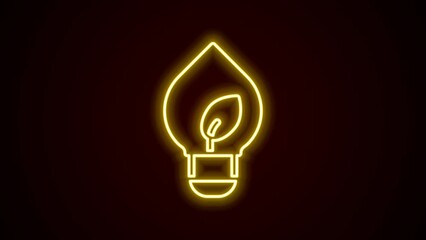 Poster - Glowing neon line Light bulb with leaf icon isolated on black background. Eco energy concept. Alternative energy concept. 4K Video motion graphic animation