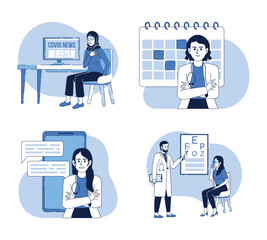 Poster - Medicine 2D vector isolated linear illustrations set. Thin line flat characters on cartoon background. Colorful editable scenes for mobile, website, presentation. Bebas Nenue, Quicksand fonts used