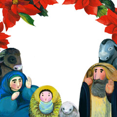 Christmas Square Frame with Christmas Scene: Joseph, Mary, Jesus in a manger, a donkey and a bull on a Bethlehem night and a wreath of poinsettia flowers.  Christmas decorations