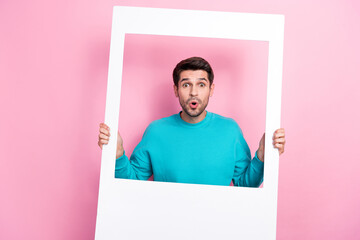 Canvas Print - Photo portrait of nice young guy pouted lips window blog social media frame photo wear trendy blue look isolated on pink color background