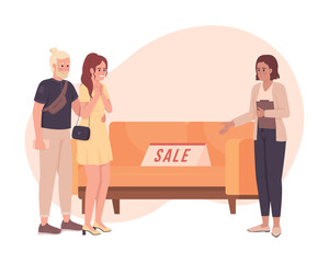 Wall Mural - Discount on couch 2D vector isolated illustration. Furniture store. Couple flat characters on cartoon background. Colorful editable scene for mobile, website, presentation. Bebas Neue font used