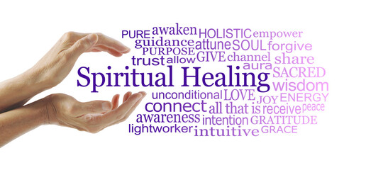 Spiritual healing Word Cloud on White - female healer with gently cupped hands surrounded by a purple graduated word cloud isolated on a white background 
