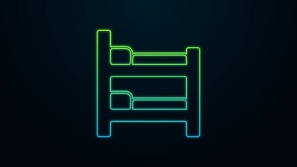 Sticker - Glowing neon line Bunk bed icon isolated on black background. 4K Video motion graphic animation