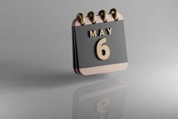Poster - Standing black and golden month lined desk calendar with date May 6. Modern design with golden elements, 3d rendering illustration. White ceramic reflection background...