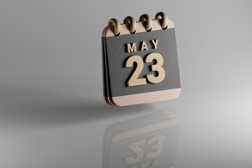 Poster - Standing black and golden month lined desk calendar with date May 23. Modern design with golden elements, 3d rendering illustration. White ceramic reflection background...